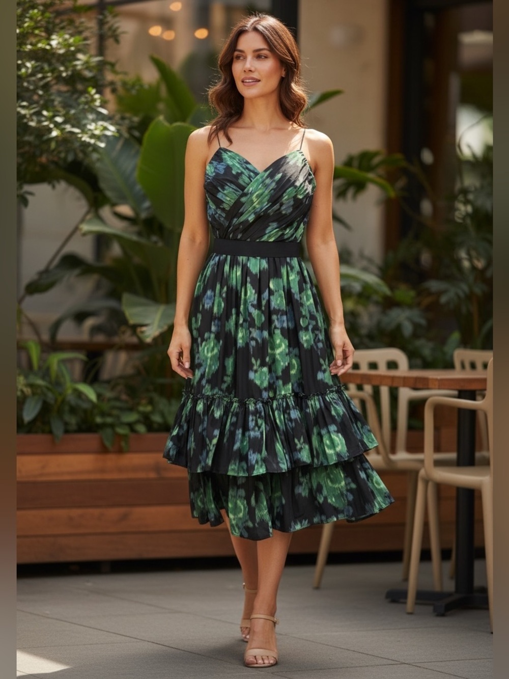Zac Posen Spag Strap Rushed Bodice Ikat Green Floral Fit & Flare Dress Sz 4 NWT